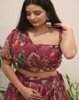 Wine Floral Organza Lehenga Set
