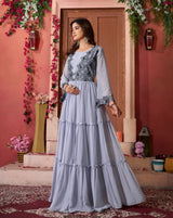 Georgette Embroidered A-Line Gown
