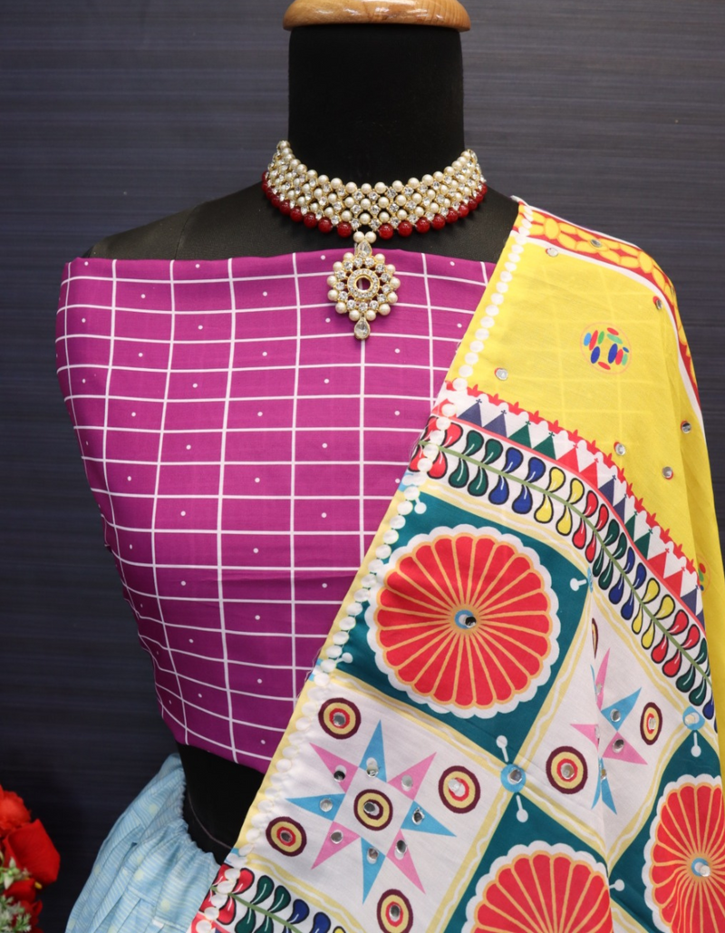 This stunning multi-color lehenga and complementing purple choli...