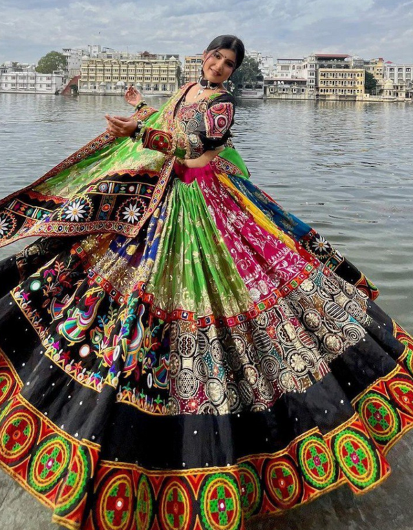 Celebrate with this stunning multi-color lehenga and choli ensemble