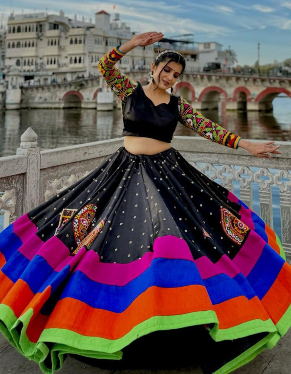 Multi-color lehenga paired elegantly with a sleek black choli