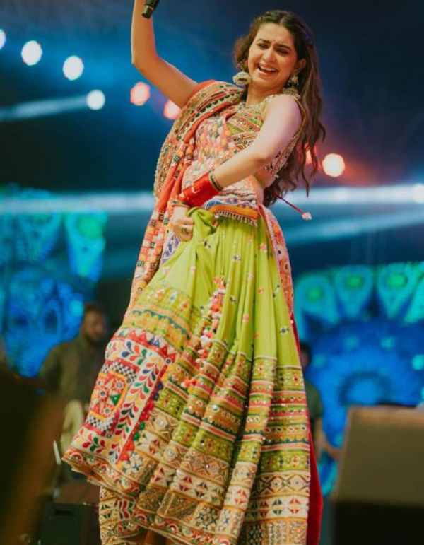 Stunning lime green lehenga and choli ensemble, complete with a matching dupatta