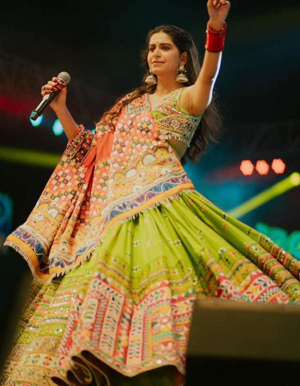 Stunning lime green lehenga and choli ensemble, complete with a matching dupatta