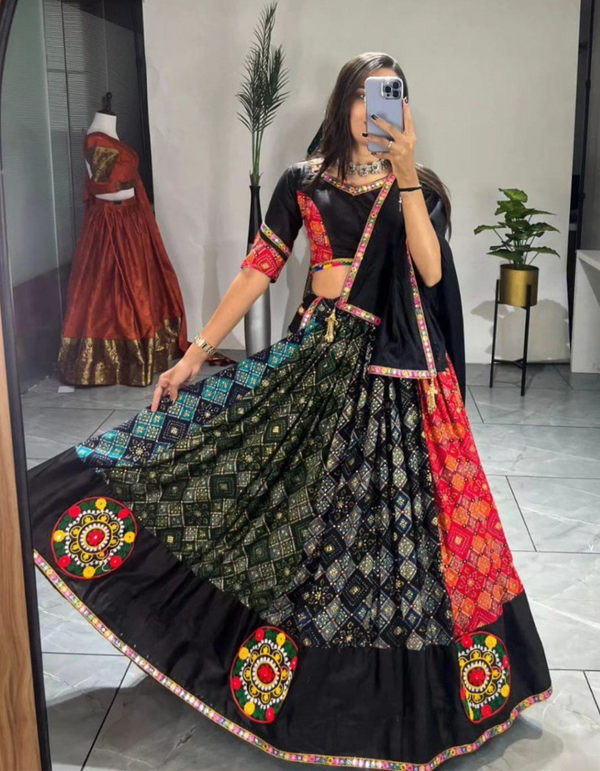 black lehenga choli ensemble, paired flawlessly with a complementary dupatta