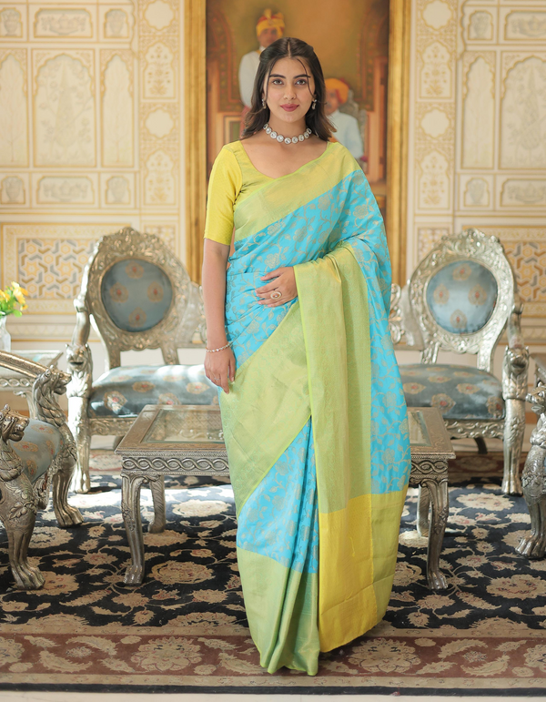 Sky blue, lemon, and yellow adorn this Kanjivaram saree