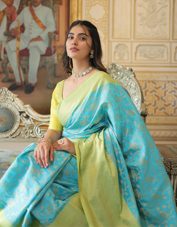 Sky blue, lemon, and yellow adorn this Kanjivaram saree