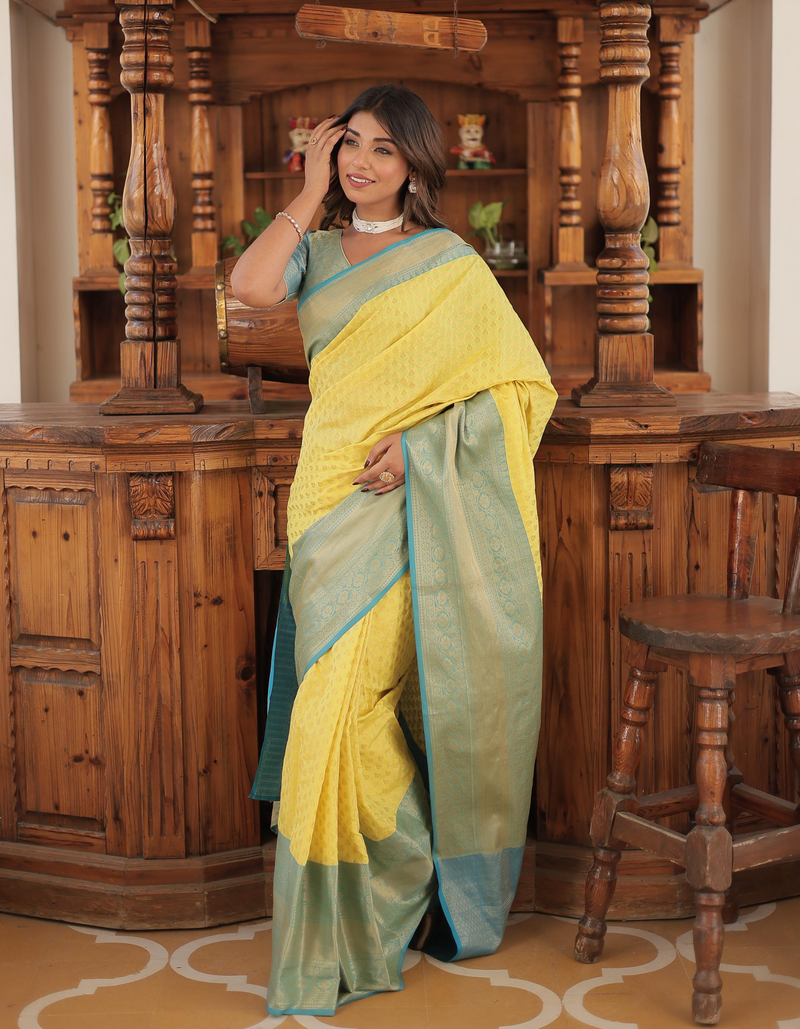 Captivating contrast in sky blue and dark yellow Kanjivaram saree