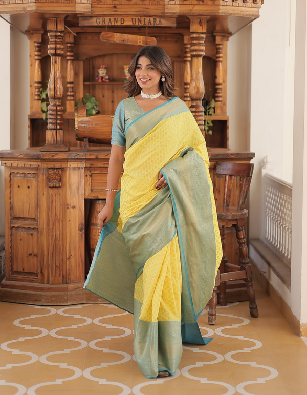 Captivating contrast in sky blue and dark yellow Kanjivaram saree