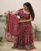 Wine Floral Organza Lehenga Set