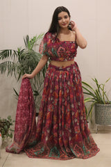 Wine Floral Organza Lehenga Set