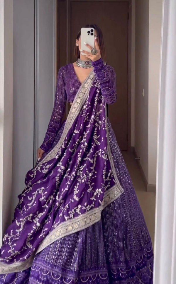 Purple Elegance Lehenga Choli with Ethnic Work & Dupatta