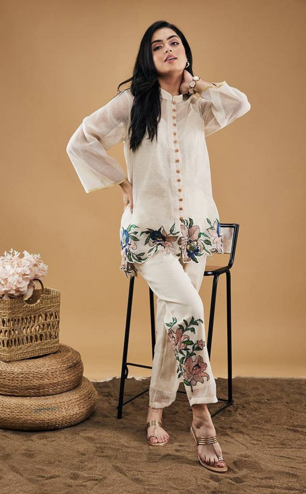 White-colored co-order set with intricate embroidery for a timeless