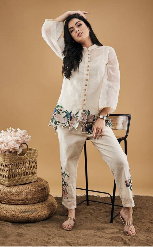 White-colored co-order set with intricate embroidery for a timeless