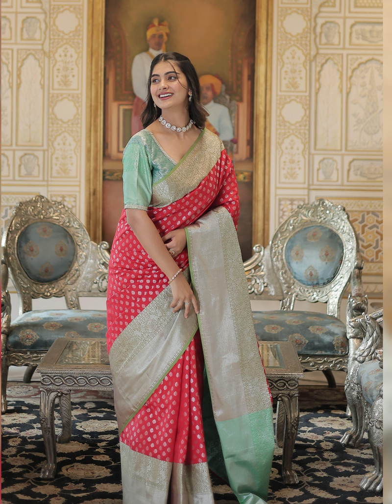 palette of light red, sky blue, and grey, woven into graceful sarees