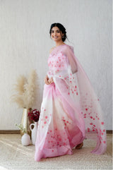 HANDCRAFTED PINK FLORALORGANZA SAREE