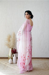HANDCRAFTED PINK FLORALORGANZA SAREE